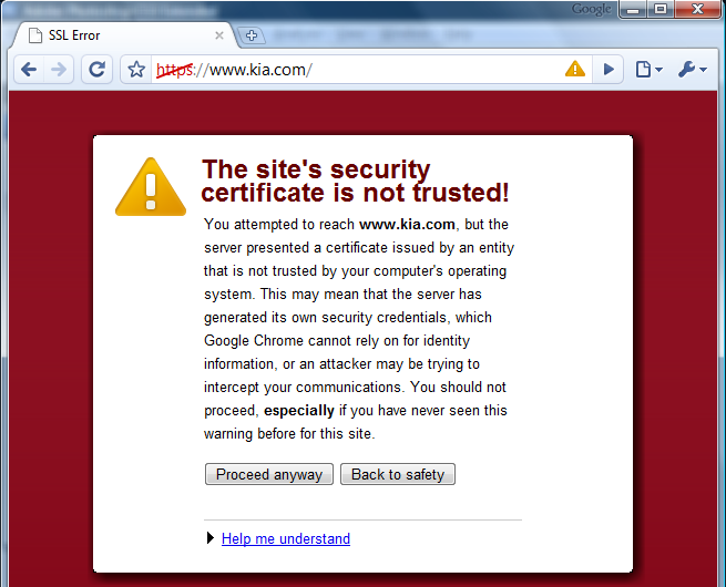 invalid server certificate in google chrome