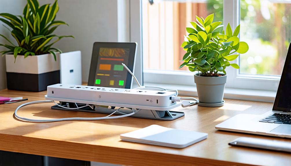 organized workspace with power strips