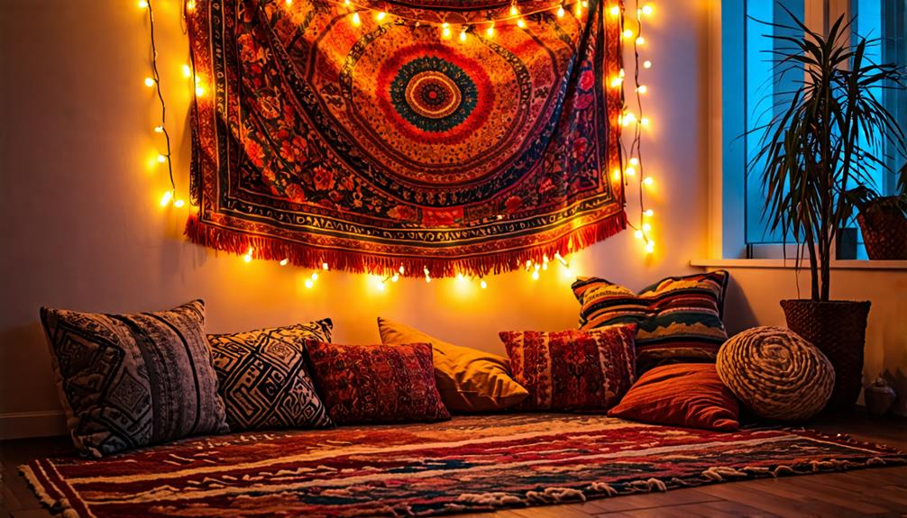 tapestry backdrop string lights